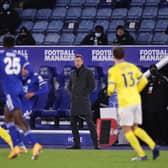 Graham Potter, manager of Brighton and Hove Albion looks, on during the FA Cup fifth round match between Leicester City and Brighton And Hove Albion at The King Power Stadium on February 10, 2021.