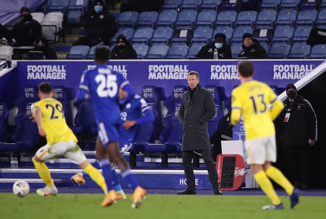 Graham Potter, manager of Brighton and Hove Albion looks, on during the FA Cup fifth round match between Leicester City and Brighton And Hove Albion at The King Power Stadium on February 10, 2021.