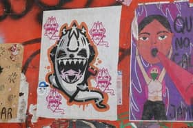 Luis Alvas. ‘Posters and stickers on 6th Street, Pueblo, Mexico (saying “I won’t shut up, James.’)’.