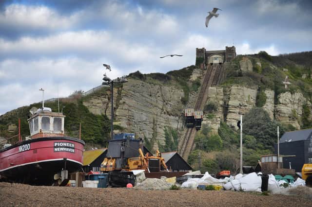 Fishermen's Beach, Hastings: East Hill Cliff Railway, funicular, is pictured in the background.