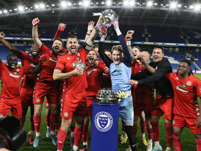 Action and celebrations as Worthing take on Bognor Regis Town in the Sussex Senior Cup final at the Amex Stadium - and win 8-7 on penalties