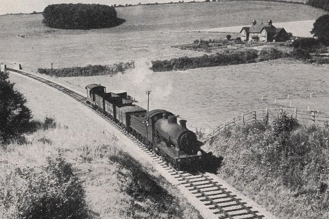 Goods train approaching the West Dean tunnel, C2X class 0-6-0 Locomotive No 3522