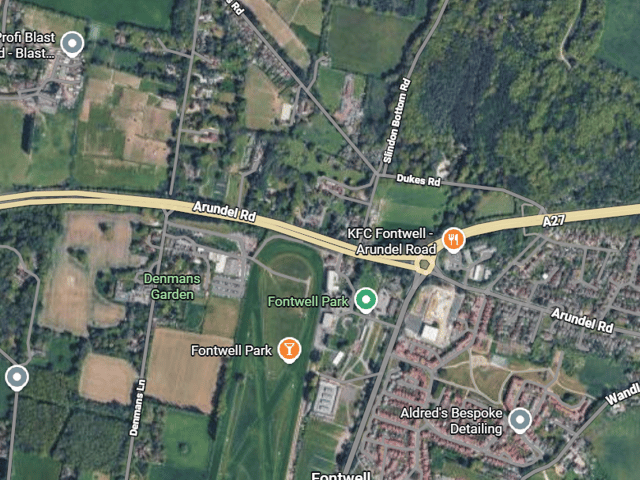 Report of a crash on the A27 Arundel Road Eastbound near Fontwell | Google Maps