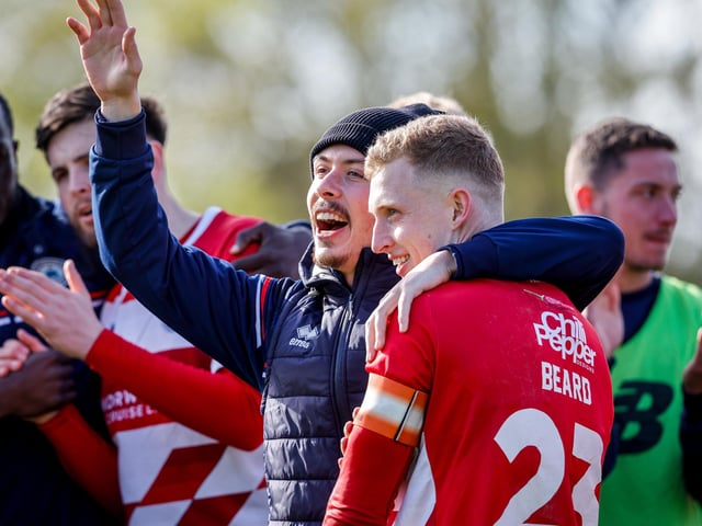 Action from Eastbourne Borough's final-day 3-2 win at Braintree - the Sports have stayed up with six points to spare