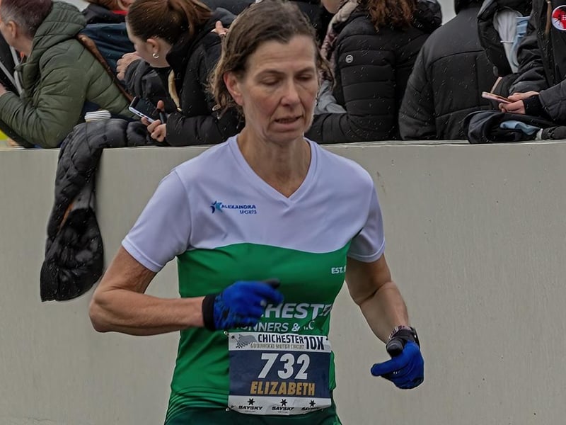 Elizabeth, a member of the Chichester Runners & AC, at the finishing line