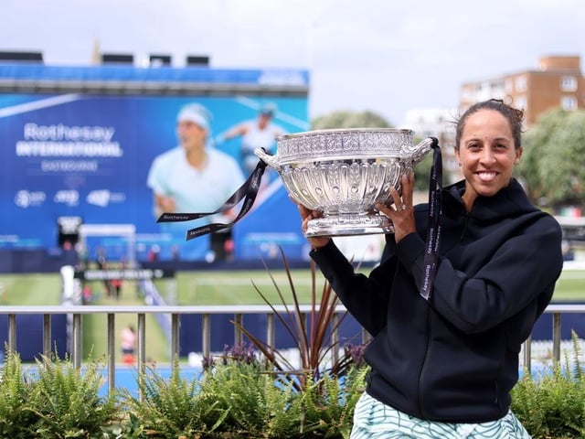 EASTBOURNE, ENGLAND - JULY 01: Madison Keys of USA poses for a photo with the trophy after winning the women's singles final against Daria Kasatkina during Day Eight of the Rothesay International Eastbourne at Devonshire Park on July 01, 2023 in Eastbourne, England. (Photo by Charlie Crowhurst/Getty Images for LTA):Action from Saturday's finals at the Rothesay tennis international at Devonshire Park, Eastbourne