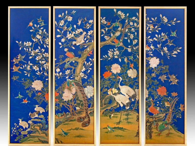 A remarkable set of four early 19th century Chinese panels of wallpaper, profusely decorated with birds and flowers in an exotic landscape, the polychrome colours on a rare gentian blue ground, Chinese, 57cm (22.4") high, x 180cm (70.9") wide, overall 230 cms, circa 1825, £28,000 from Chalet White.