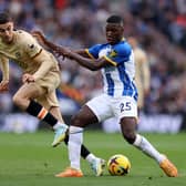 BRIGHTON, ENGLAND - OCTOBER 29: Kai Havertz of Chelsea is challenged by Moises Caicedo of Brighton & Hove Albion during the Premier League match between Brighton & Hove Albion and Chelsea FC at American Express Community Stadium on October 29, 2022 in Brighton, England. (Photo by Alex Pantling/Getty Images)