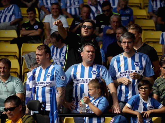 Brighton and Hove Albion fans looks on prior to the Premier League match between Watford and Brighton and Hove Albion at Vicarage Road on August 26, 2017.