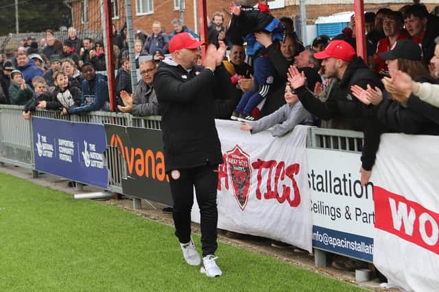 Adam Hinshelwood with the Worthing FC fans - who he says have a big part to play in the club's hectic end of season | Picture: Mike Gunn