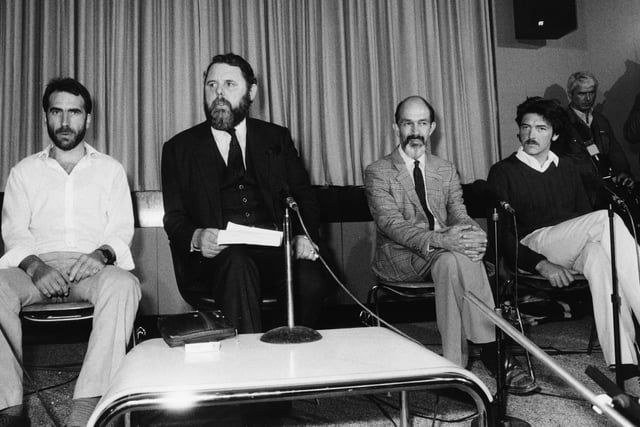 The four British subjects who were detained in Libya, (L-R) Robin Plummer, British Special Envoy Terry Waite, Michael Berdinner and Malcolm Anderson, at a press conference following their release, Gatwick Airport, February 7th 1985. (Photo by Keystone/Hulton Archive/Getty Images)