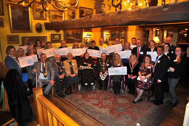 Worthy winners of the 2023 Hall & Woodhouse Community Chest Awards with judges and dignitaries at the awards evening at The World's End in Patching on Friday, January 12