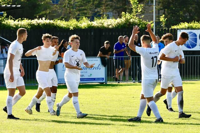 Eastbourne United celebrate an FA Cup goal against Epsom - they've since kept up their good league start and now face Berkhamstead in the Cup this weekend | Picture: Joe Knight