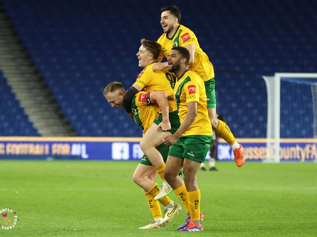 James Hammond’s majestic 95th minute free-kick clinched Horsham FC’s first league and Sussex Senior Cup double in the club’s history