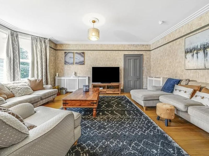 A large reception room combines the living area and dining room into one space