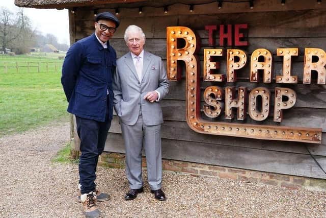 King Charles and Jay Blades at The Repair Shop filmed near Chichester (Credit: BBC)
