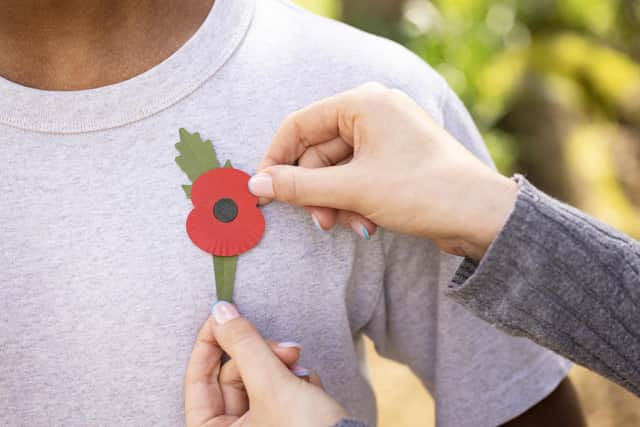 The paper poppy can be fastened with a pin in the stem and worn in a buttonhole. A stick-on version is also available. Picture: Royal British Legion/Matt Alexander