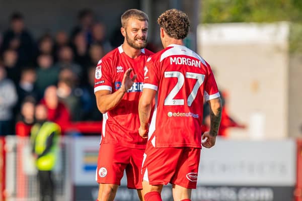Charlie Barker and Dylan Morgan celebrate after Crawley Town came from behind to draw 2-2 with Chesterfield at the Broadfield Stadium on Saturday, October 10. Photo: CTFC