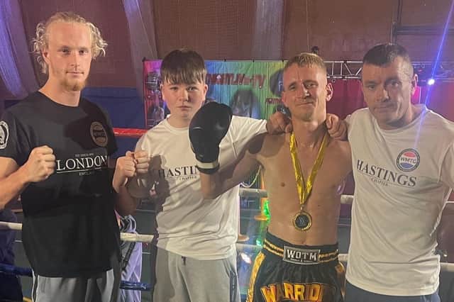 Luke Read trainer (far right) and Saz McGahan, winner in Lincoln in the black shorts