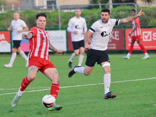 Action from Steyning Town v Eastbourne United. Picture by Stephen Goodger