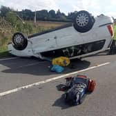 The driver was taken to hospital after this vehicle overturned on the A29 near Slinfold