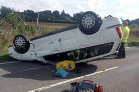 The driver was taken to hospital after this vehicle overturned on the A29 near Slinfold