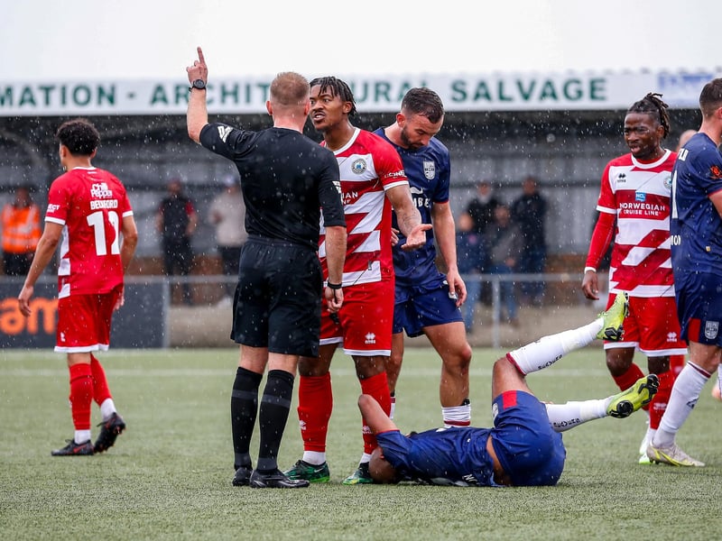 Images from Eastbourne Borough's 2023-24 season opener, a 1-0 National South home win over Hampton and Richmond