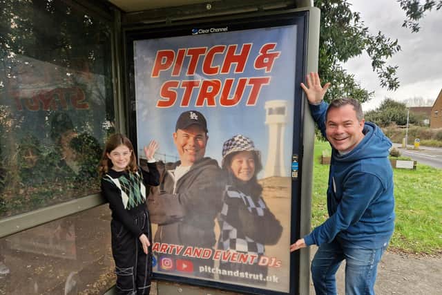 Roy Shepherd and 12-year-old Ruby Shepherd, aka Pitch & Strut, launch their bus shelter poster campaign in Littlehampton. Picture: Elaine Hammond / Sussex World