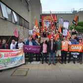 Union members and supporters outside Hastings Magistrates' Court on June 29