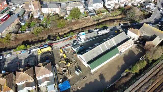 An aerial shot of the flooding damage at Skinners Sheds warehouses in Bexhill Road, St Leonards following the sewage leak on February 3, 2023