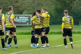 Haywards Heath celebrate going 1-0 up at Little Common | Picture: Ray Turner