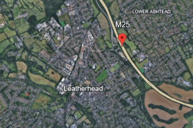 National Highways has reported that ‘traffic is being held’ on the M25 anticlockwise – between J9 to J8 near Leatherhead – ‘due to a vehicle fire’. Photo: Google Earth