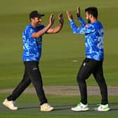 Ravi Bopara and Shadab Khan of Sussex celebrate the wicket of Paul Walter of Essex at Hove, but the Sharks' campaign has been poor so far (Photo by Mike Hewitt/Getty Images)