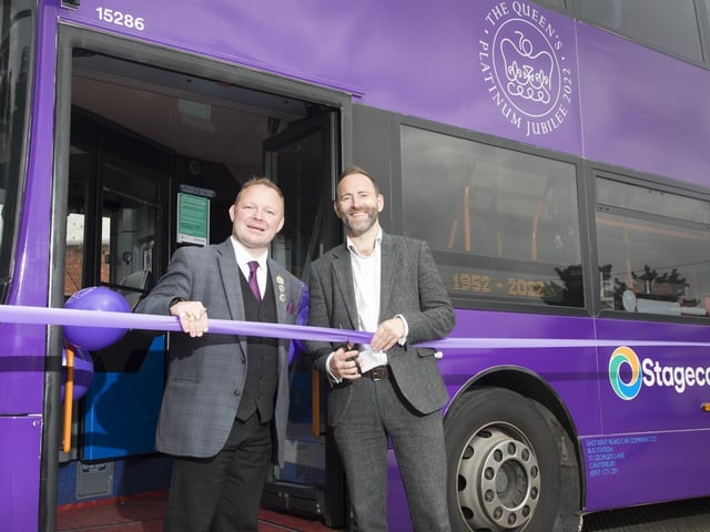 Joel Mitchell and Lord Brett McLean with the jubilee bus. Picture: Stagecoach South East