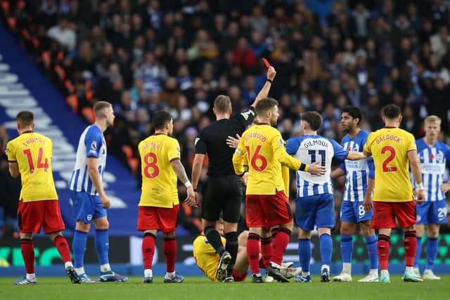 Brighton were leading 1-0 when Mahmoud Dahoud stepped on Ben Osborn’s leg, leading to a straight red card. (Photo by Steve Bardens/Getty Images)
