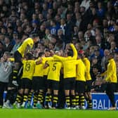 AEK Athens celebrate their opening goal against Brighton and Hove Albion at the Amex in the Europa League. Picture: Eva Gilbert