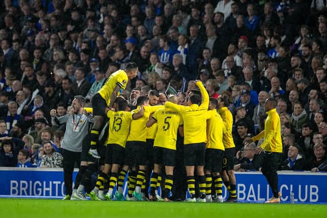 AEK Athens celebrate their opening goal against Brighton and Hove Albion at the Amex in the Europa League. Picture: Eva Gilbert