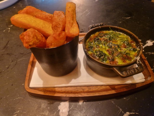 Beef fat chips and Spinach Rockefeller