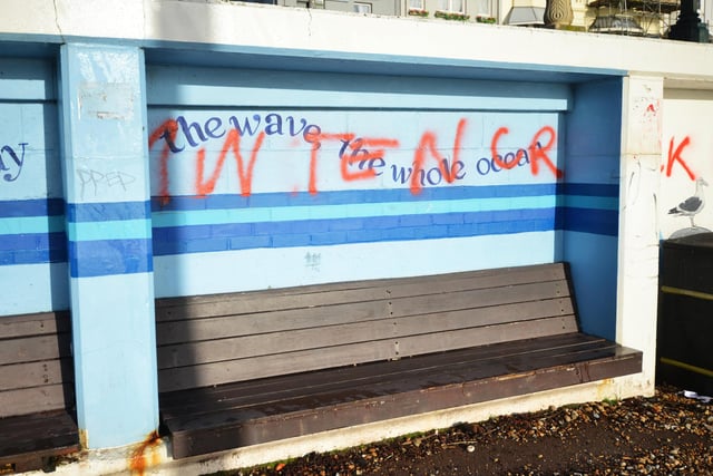 Graffiti written over St Leonards' promenade artwork. 3/1/2024