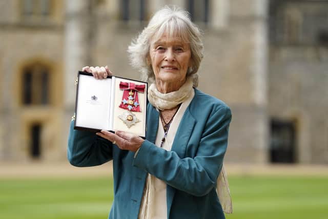 Dame Virginia McKenna poses after being made a Dame Commander of the British Empire by Prince William, Prince of Wales, during an investiture ceremony at Windsor Castle on May 10, 2023. (Photo by Andrew Matthews-WPA Pool/Getty Images)