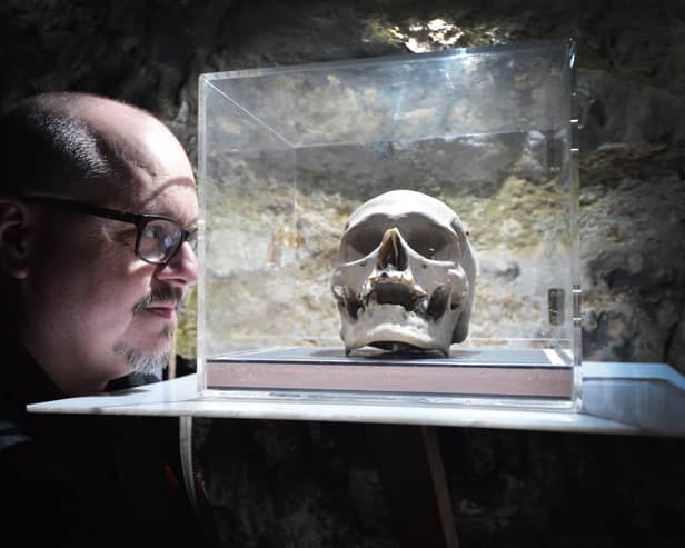 The True Crime Museum in Hastings: Curator Joel Griggs with the skull of Louis Lefevre