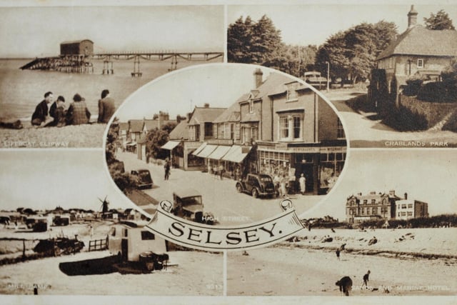 The monochrome Selsey postcard has the lifeboat slipway, Mill Camp, High Street, Crablands Park, the sands and Marine Hotel