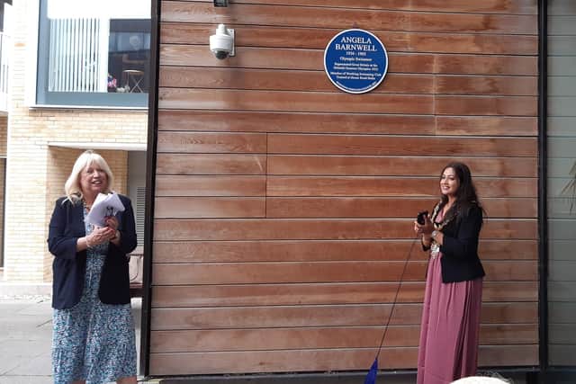 Worthing mayor Henna Chowdhury unveiling the blue plaque at Splashpoint Leisure Centre with Susan Belton, chairman of The Worthing Society