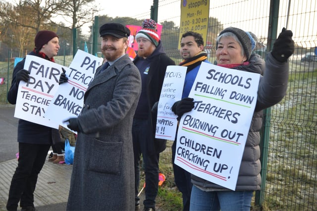 NEU pickets outside Hastings Academy on March 2 2023.