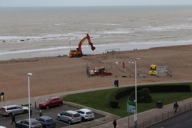 Works begin to reinstate part of the pipe on Pelham Beach, Hastings. Picture by Kevin Boorman