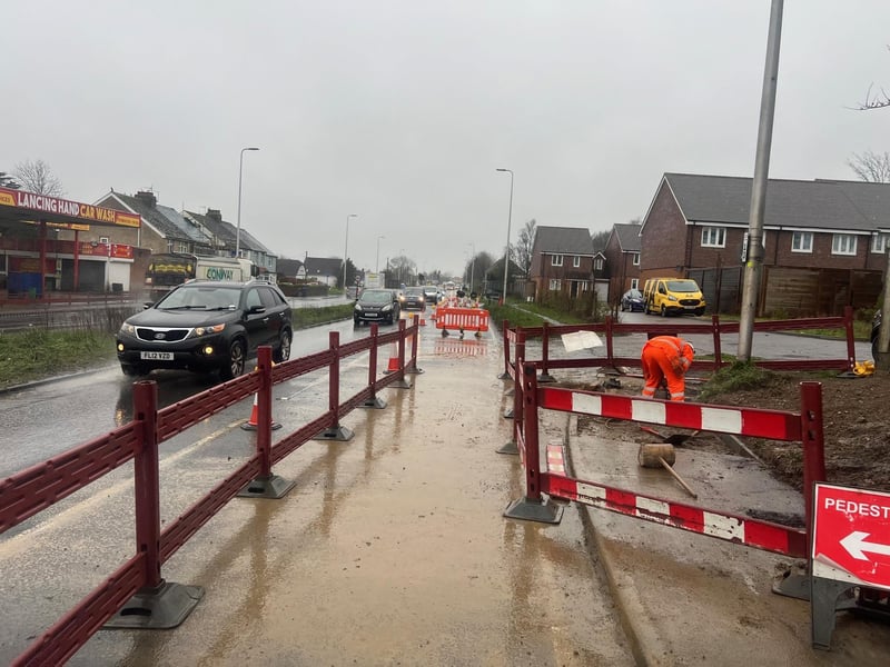 Traffic has been reduced to one lane, with dozens of cones in place, on the A27 eastbound – just past Lancing roundabout.