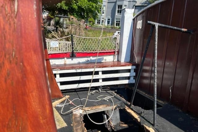 The deck of the Cyril and Lilian Bishop lifeboat showing the hole