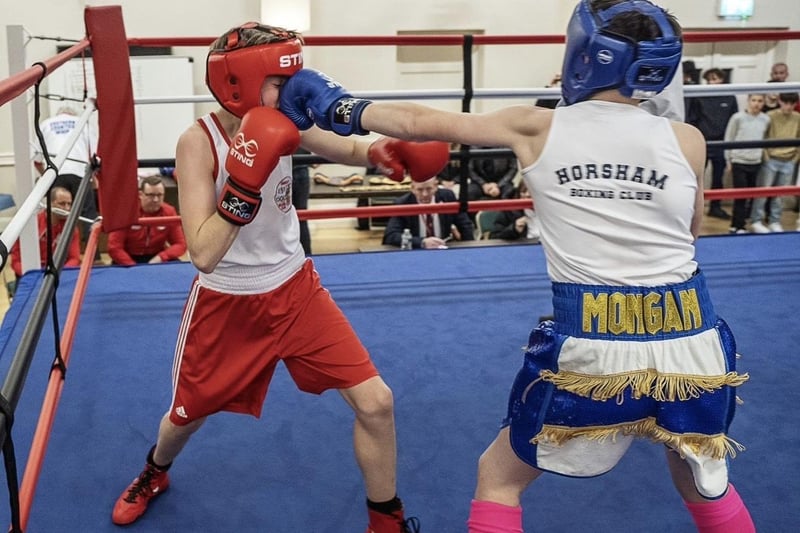 John Mongan in a skills bout at Horsham Boxing Club's home show at The Drill Hall