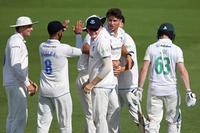 Sussex celebrate a Leicestershire wicket at Hove last week in the first innings - it was incidents in the second innings on the final day that have led to points deductions and the suspension of the captain | Photo by Steve Bardens/Getty Images
