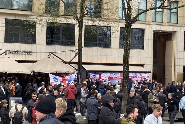 The wet weather failed to dampen spirits as Brighton fans made their presence known in Amsterdam before Albion faced Ajax at the Johan Cruyff Arena. Photo: Sussex World